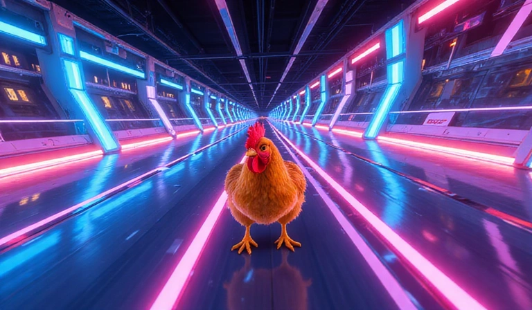 Gallina de carreras en una pista futurista con luces de neón.