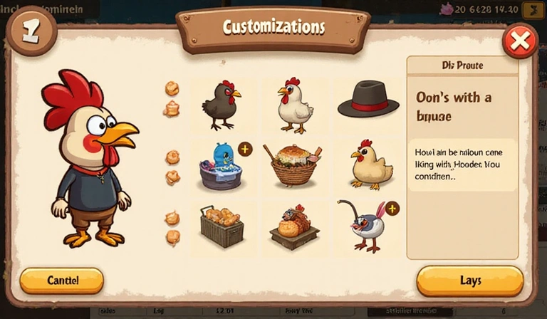 Pantalla de personalización de personaje con varias opciones de gallinas y accesorios.