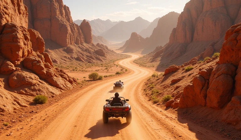 Vista aérea de una carrera de gallinas en un cañón desértico con curvas cerradas.