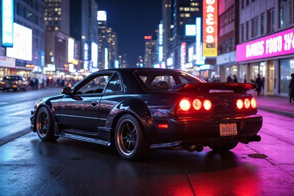 Imagen de reseña de un coche de carreras callejeras personalizado en una ciudad nocturna.