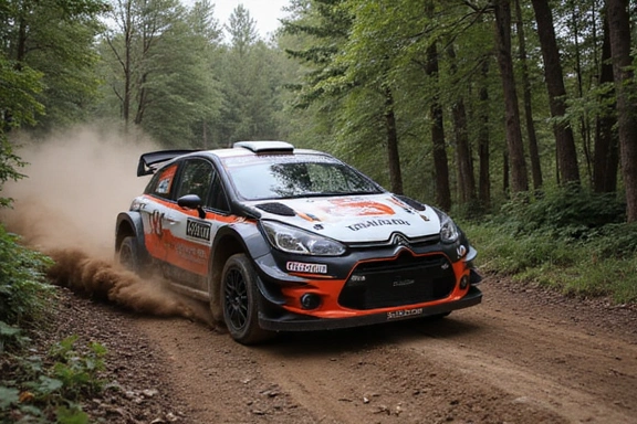 Imagen de reseña de un coche de rally moderno deslizándose sobre tierra en un bosque.