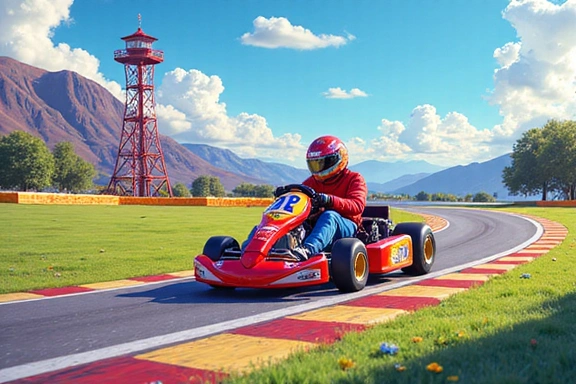 Imagen de reseña de un kart de carreras en una pista colorida y fantasiosa.