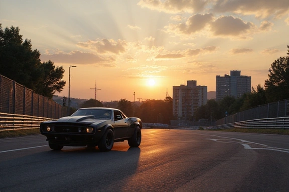 Imagen de reseña de un coche de carreras clásico en un circuito urbano al anochecer.