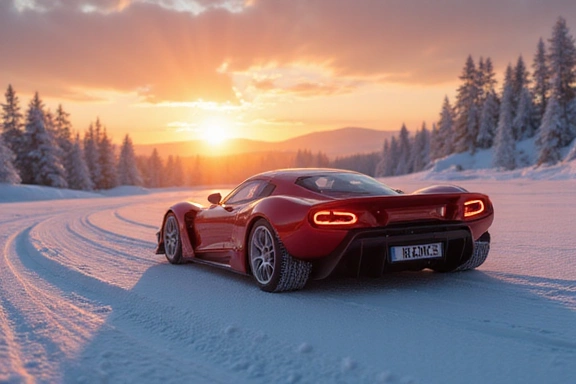Imagen de reseña de un coche de carreras futurista en una pista nevada al atardecer.