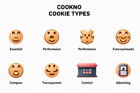 Iconos de diferentes tipos de cookies: esenciales, de rendimiento, de funcionalidad, de publicidad
