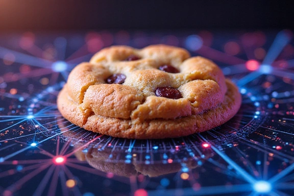 Ilustración de una galleta digital representando una cookie en un entorno tecnológico