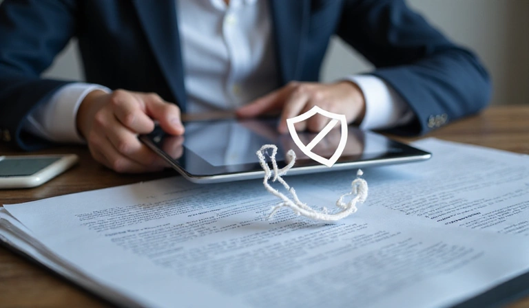 Persona revisando documentos legales y un icono de privacidad, simbolizando el control de datos.