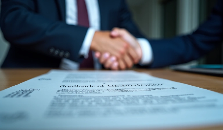 Ilustración de un contrato digital y un apretón de manos