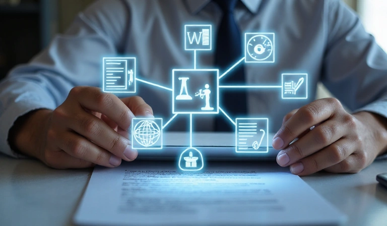 Persona leyendo un documento digital en una tablet con iconos de reglas y leyes alrededor