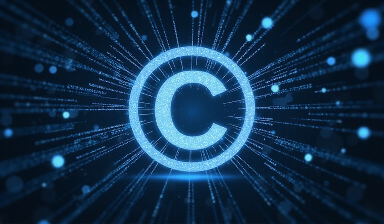 Símbolo de copyright y patente con un fondo abstracto de datos y código